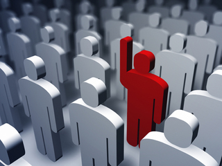 3D rendering. One person raising arm in crowd